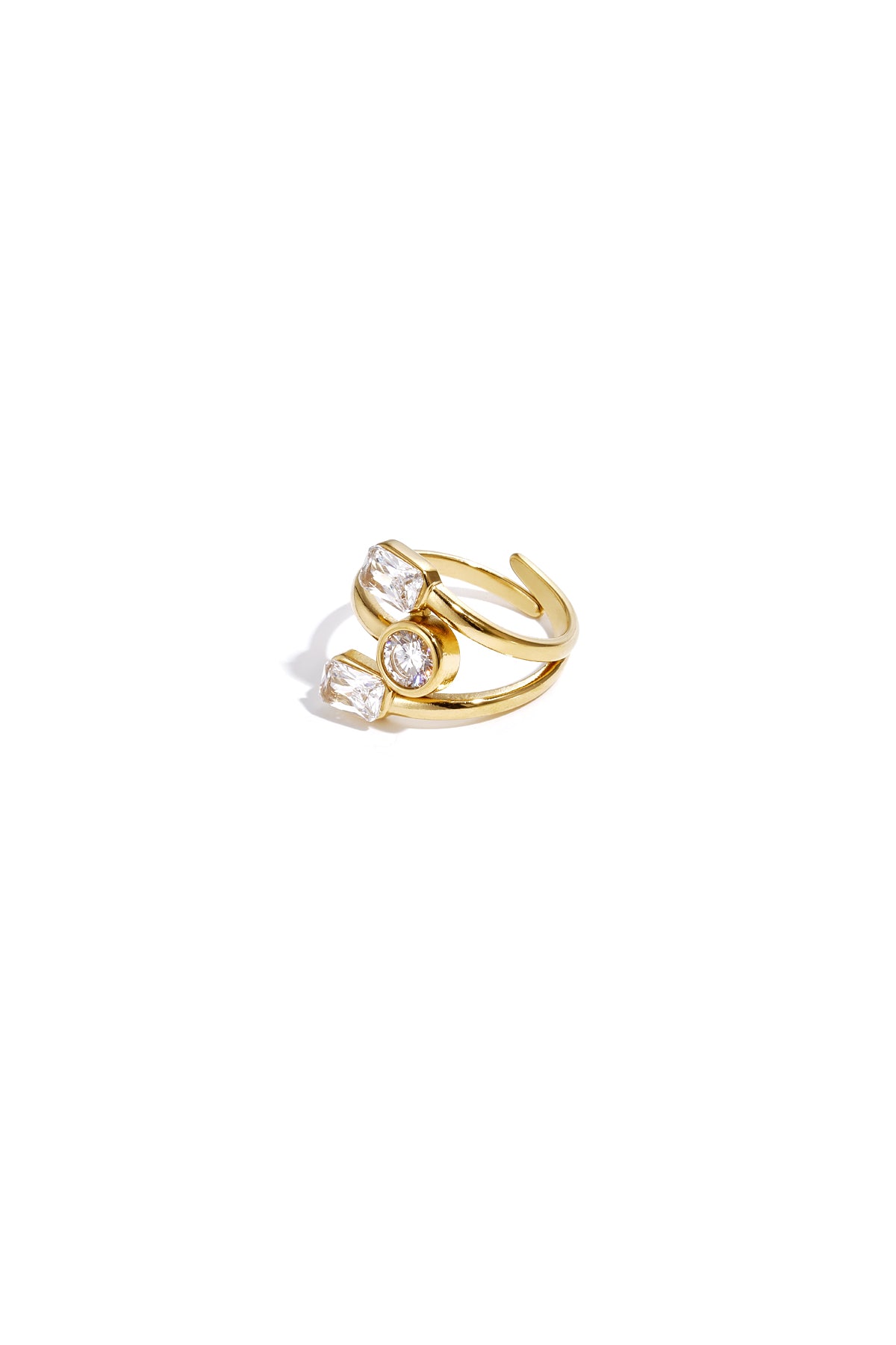 Goudkleurige verstelbare ring met twee briljante kristallen