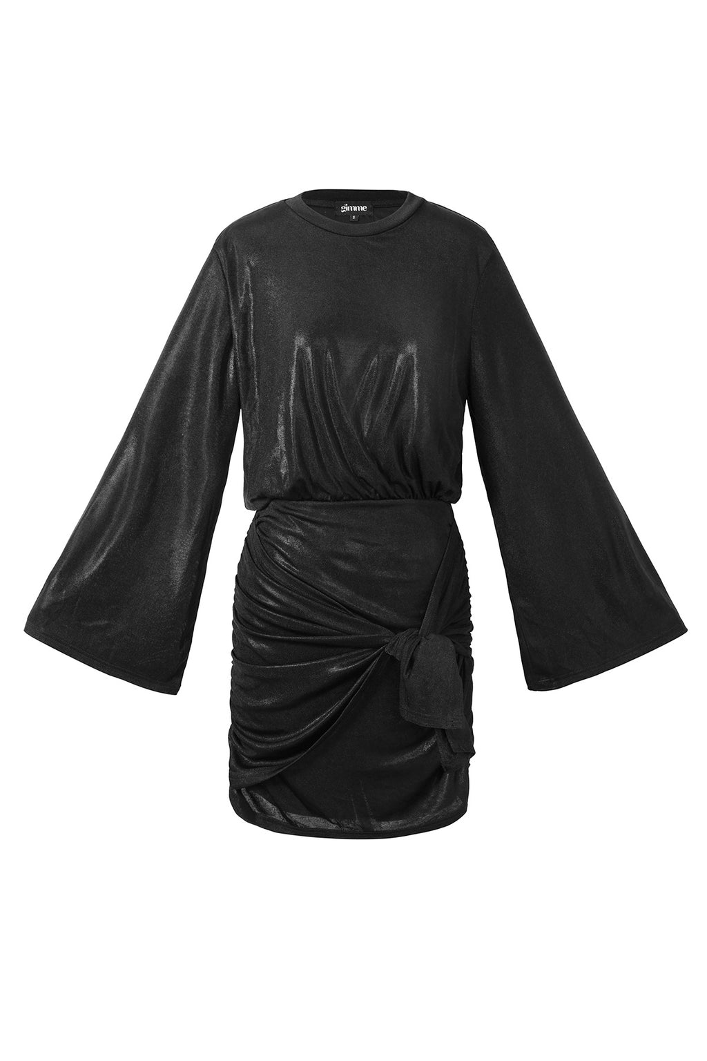 Zwarte mini jurk polyester wrap detail wijde mouwen