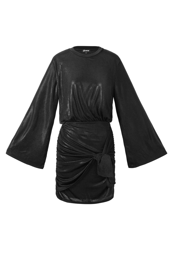 Zwarte mini jurk polyester wrap detail wijde mouwen