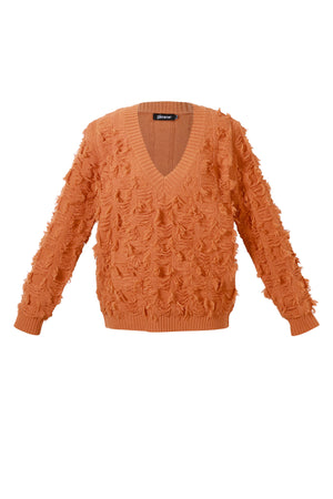 Oranje gebreide V-hals trui met franje details