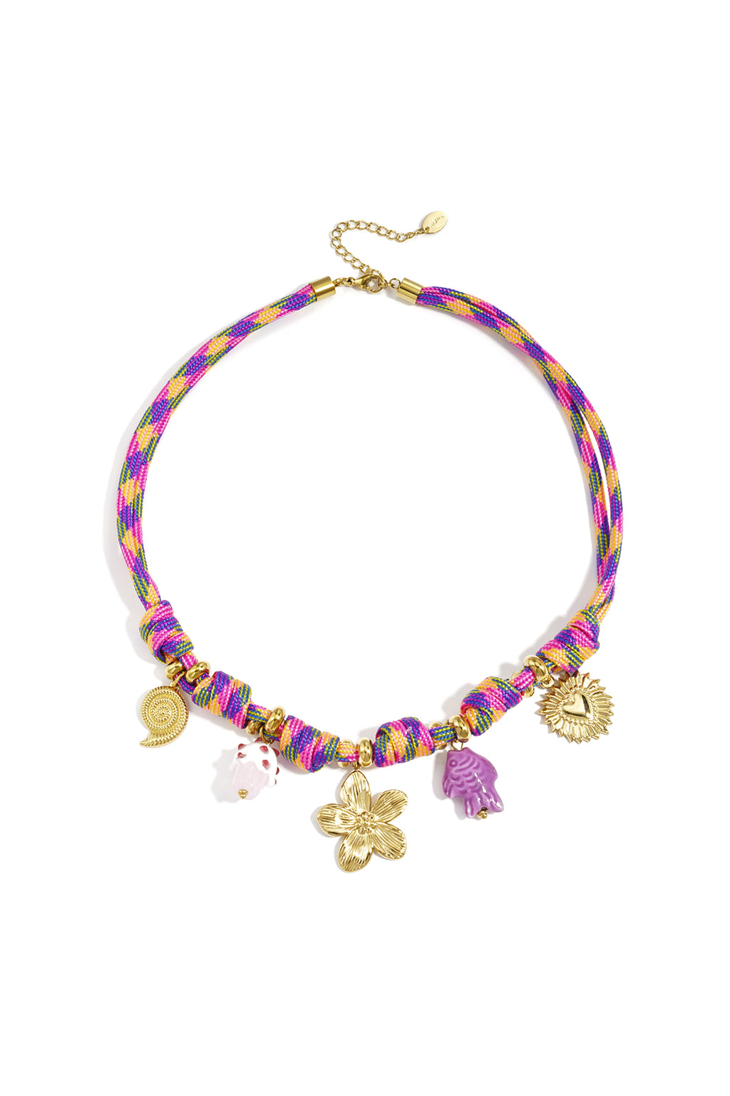 Paarse touw choker met gouden vakantie charmes waaronder zon en bloem