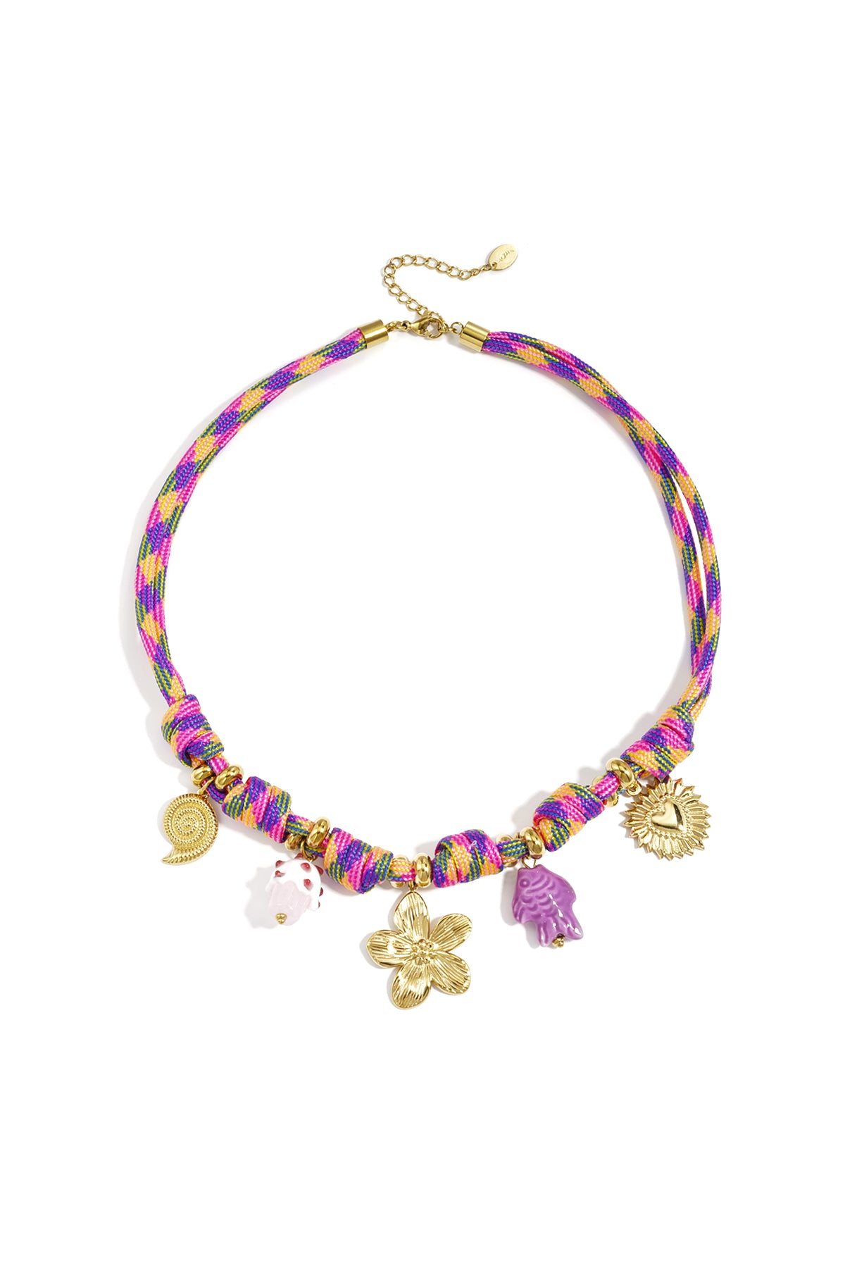 Paarse touw choker met gouden vakantie charmes waaronder zon en bloem