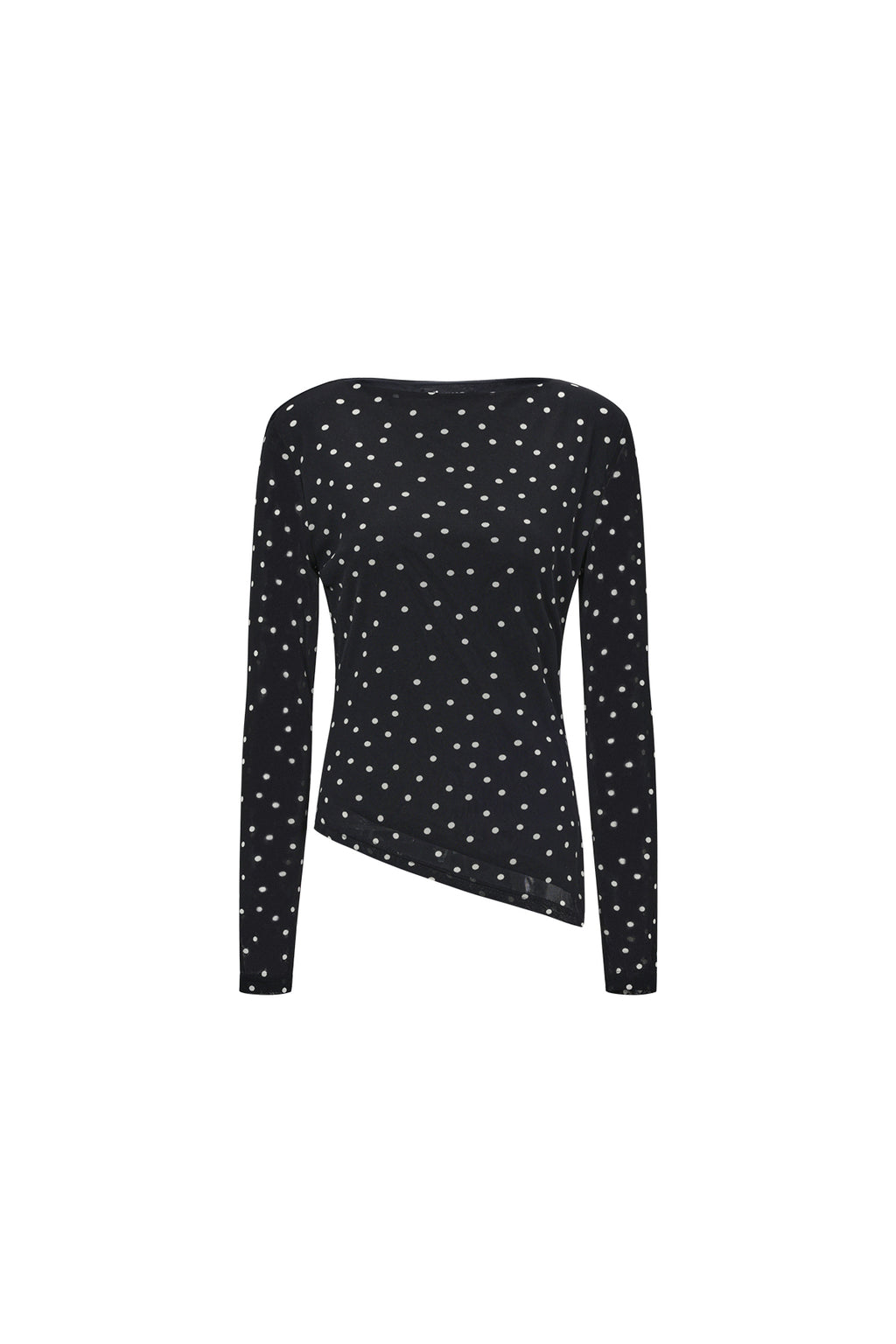 Zwarte asymmetrische top met witte stippenprint en lange mouwen