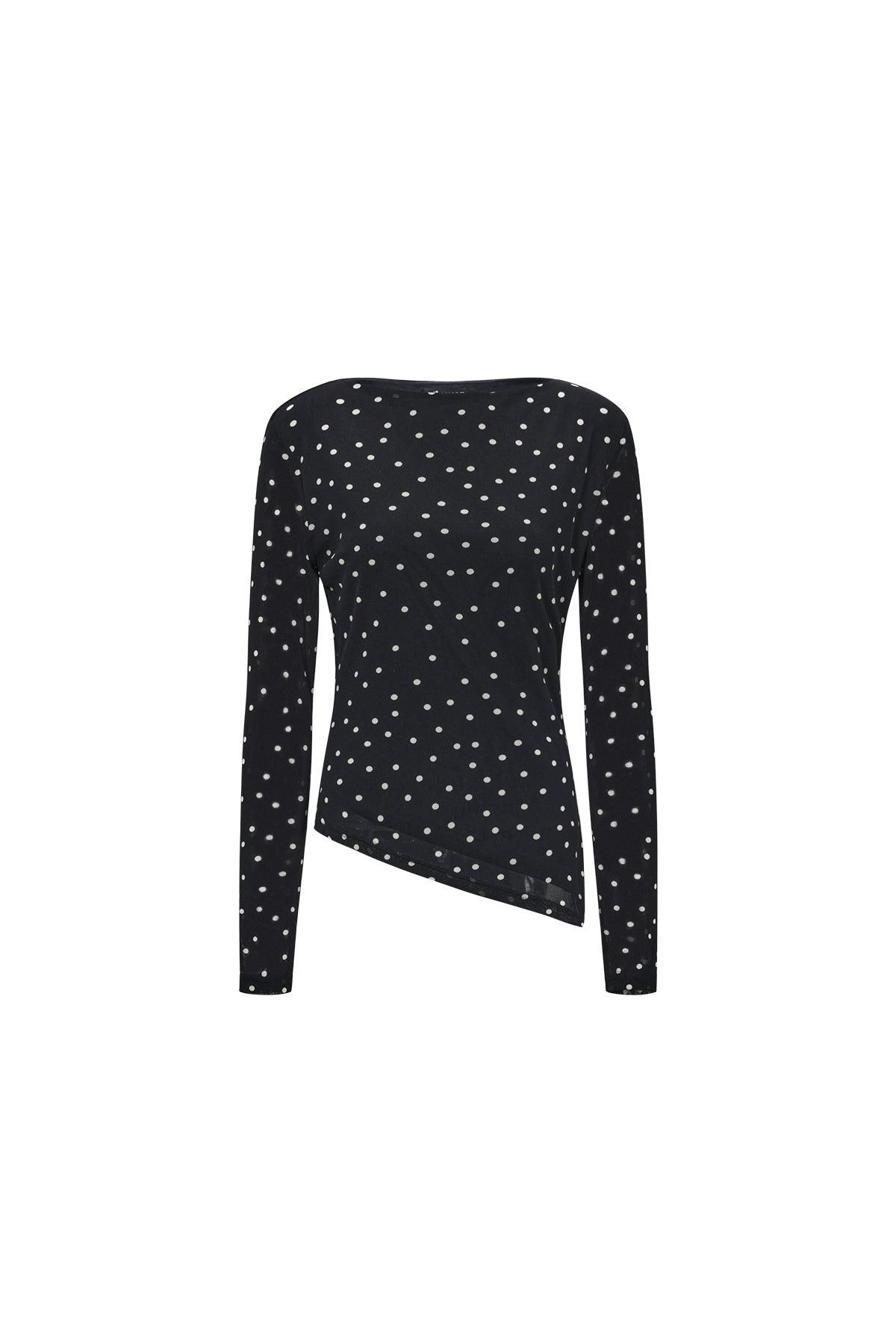 Zwarte asymmetrische top met witte stippenprint en lange mouwen