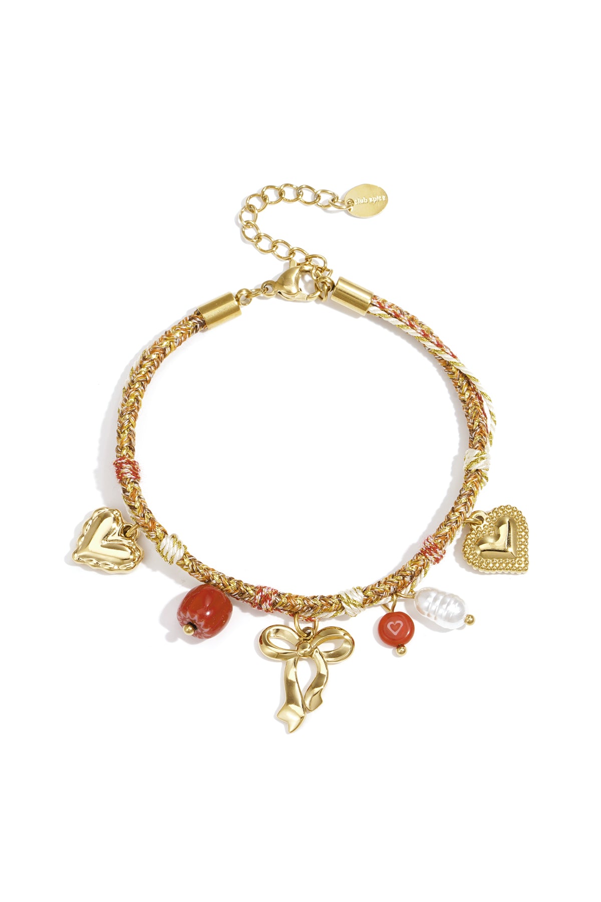 Goudkleurige charm armband met hart hangers en rode witte accenten