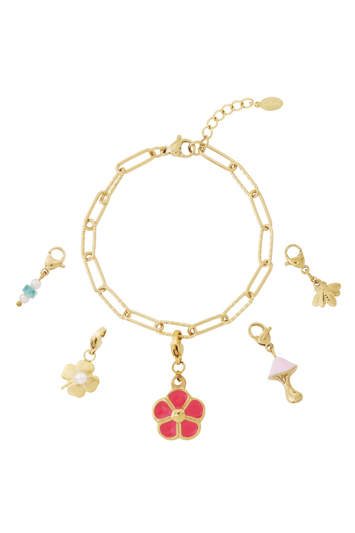 Goudkleurige schakel armband met natuur charmes inclusief roze bloem en vlinder