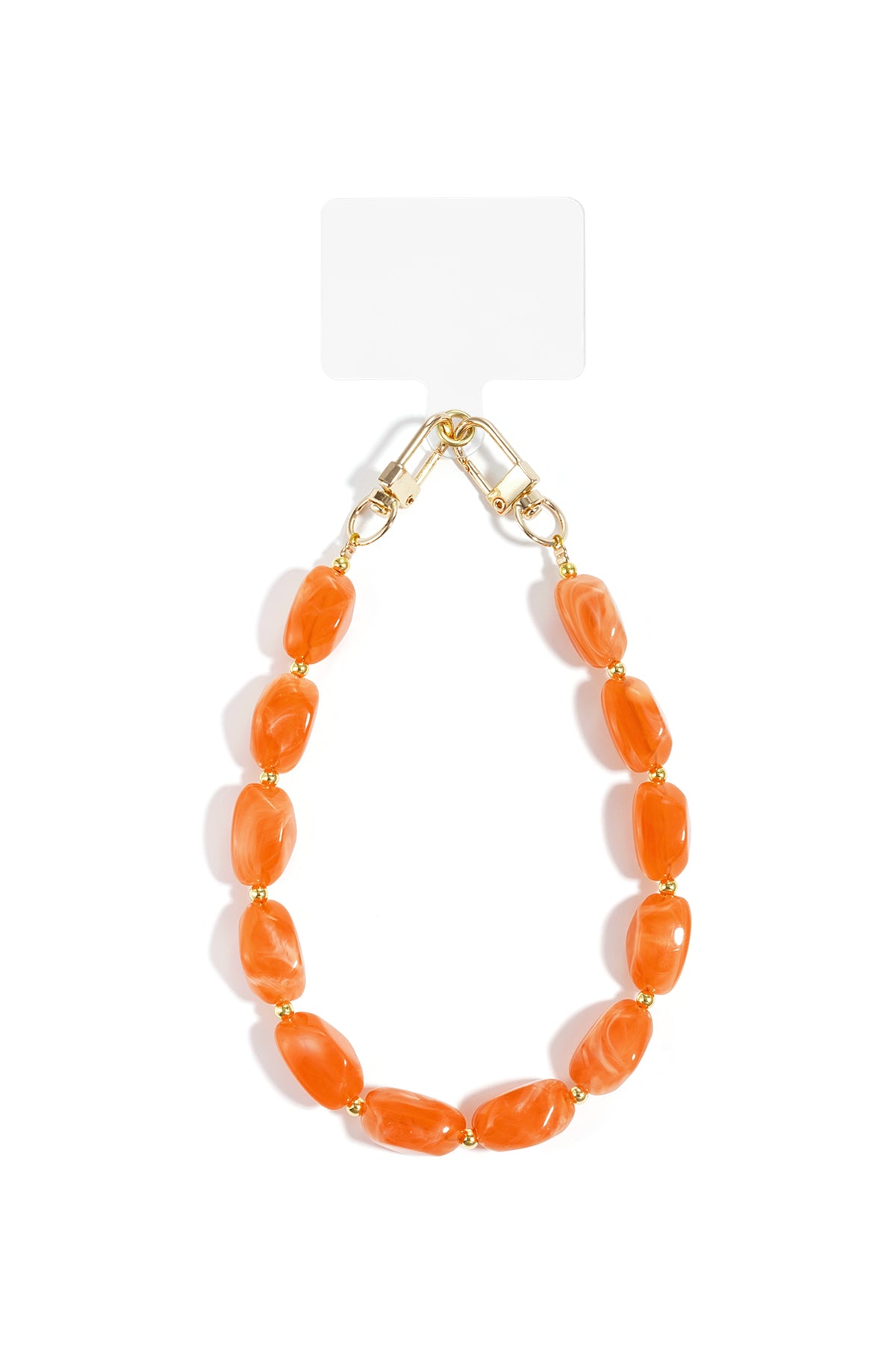 Oranje telefoonkoord met ovale acryl kralen en goudkleurige clips