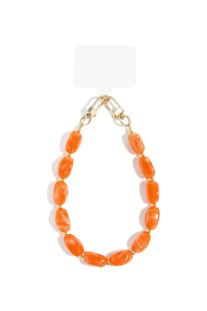 Oranje telefoonkoord met ovale acryl kralen en goudkleurige clips