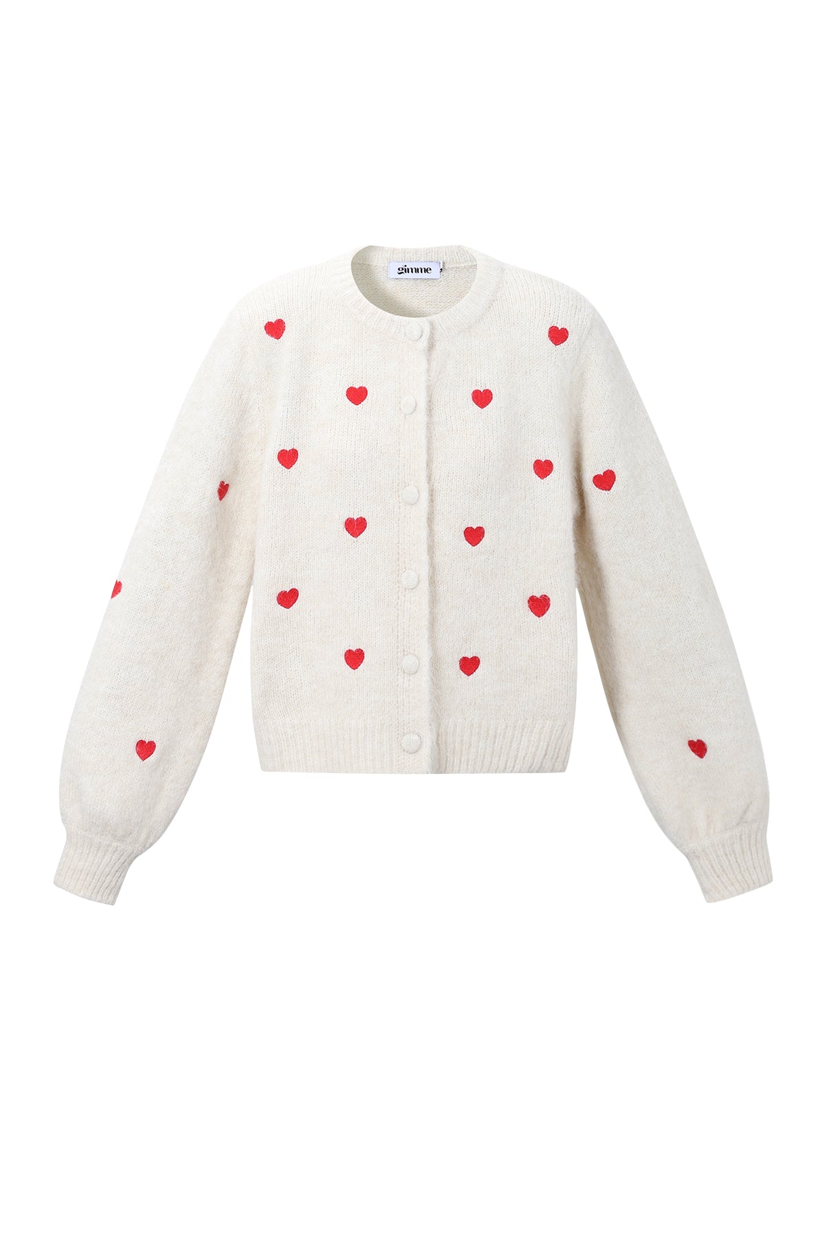 Witte cardigan met rode hartjesprint en ballonmouwen