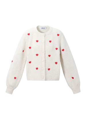 Witte cardigan met rode hartjesprint en ballonmouwen