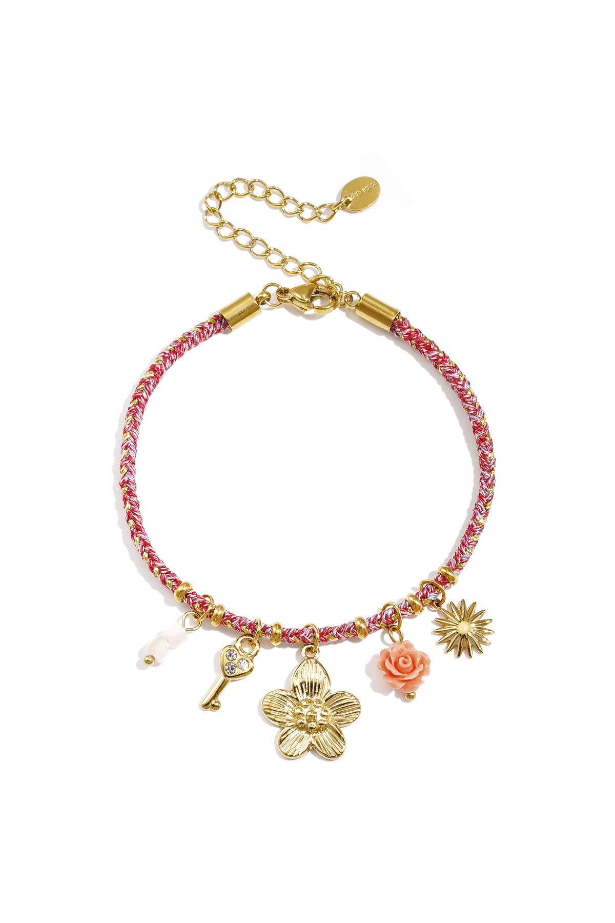 Oranje koord armband met goudkleurige charmes en emaille details