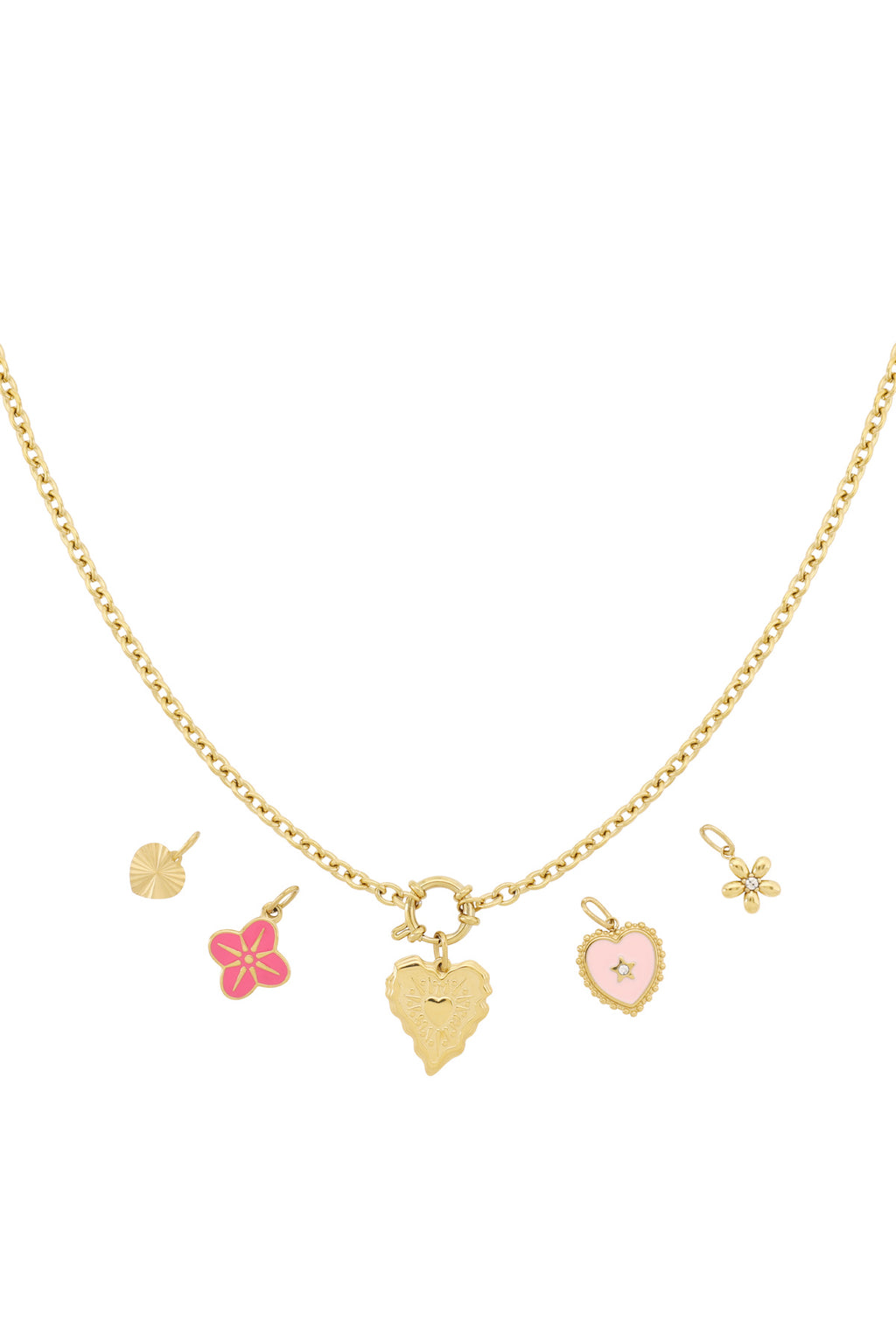 Gouden DIY charm ketting met roze bloem, hartjes en ster charmes
