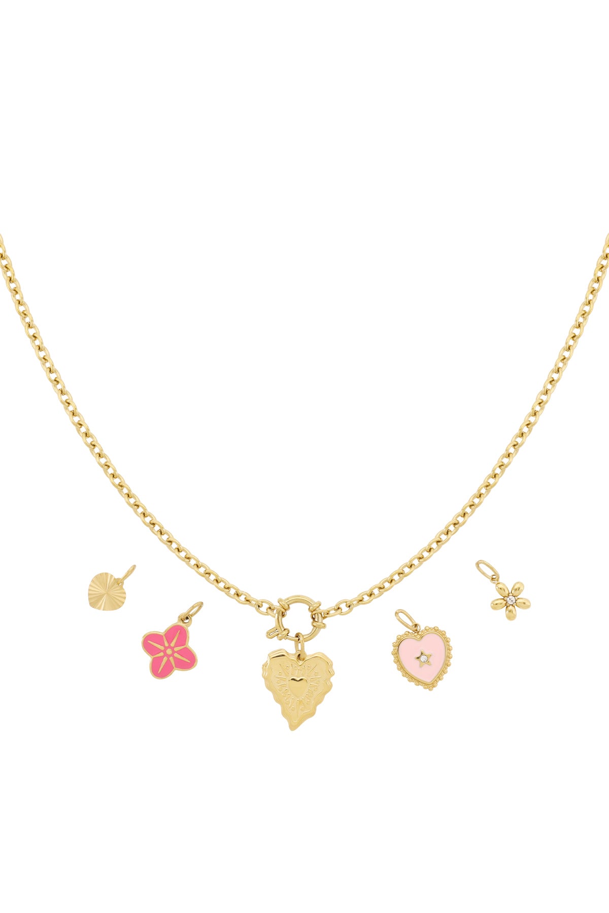 Gouden DIY charm ketting met roze bloem, hartjes en ster charmes