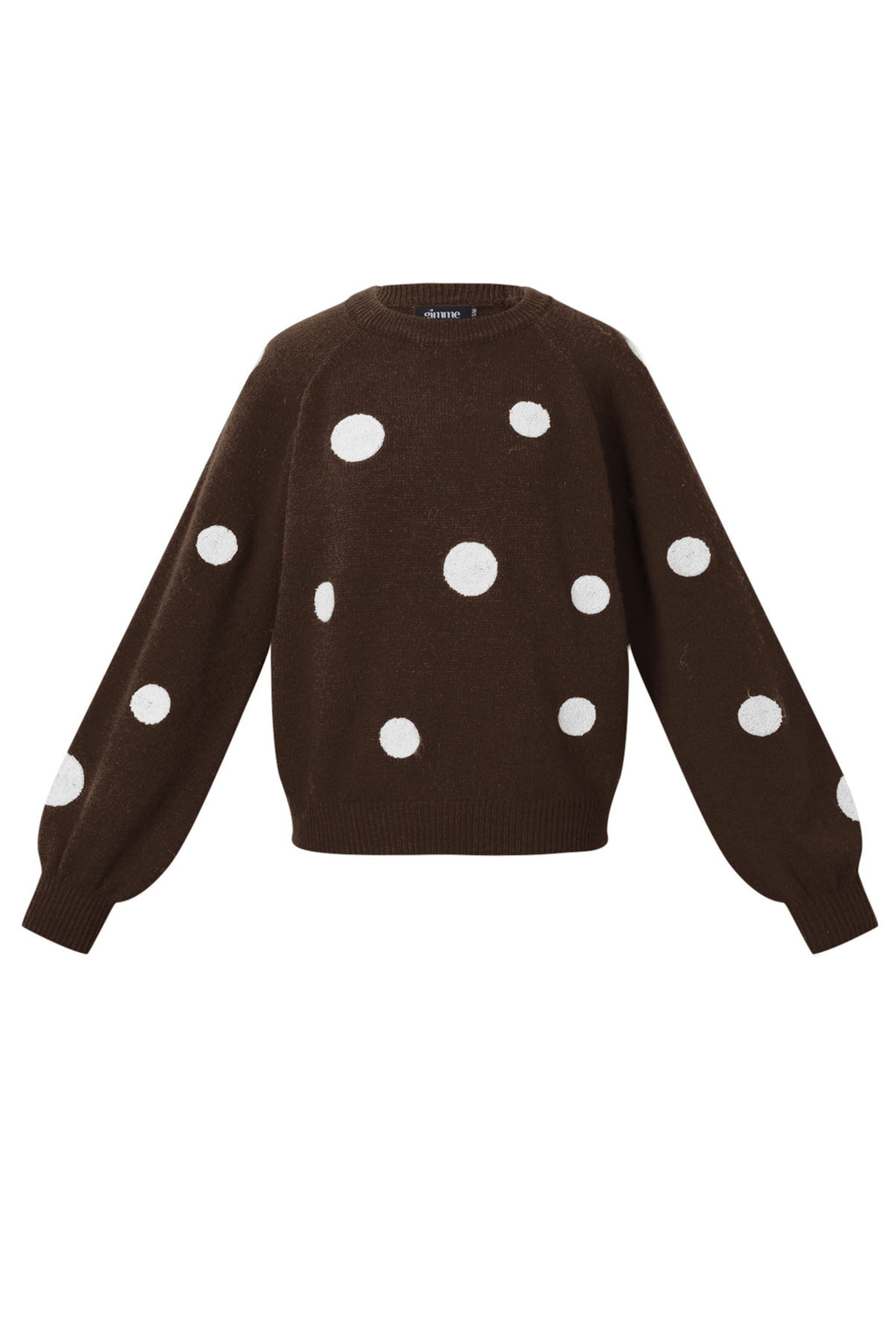 Bruine gebreide pullover met grote witte stippen en ronde hals