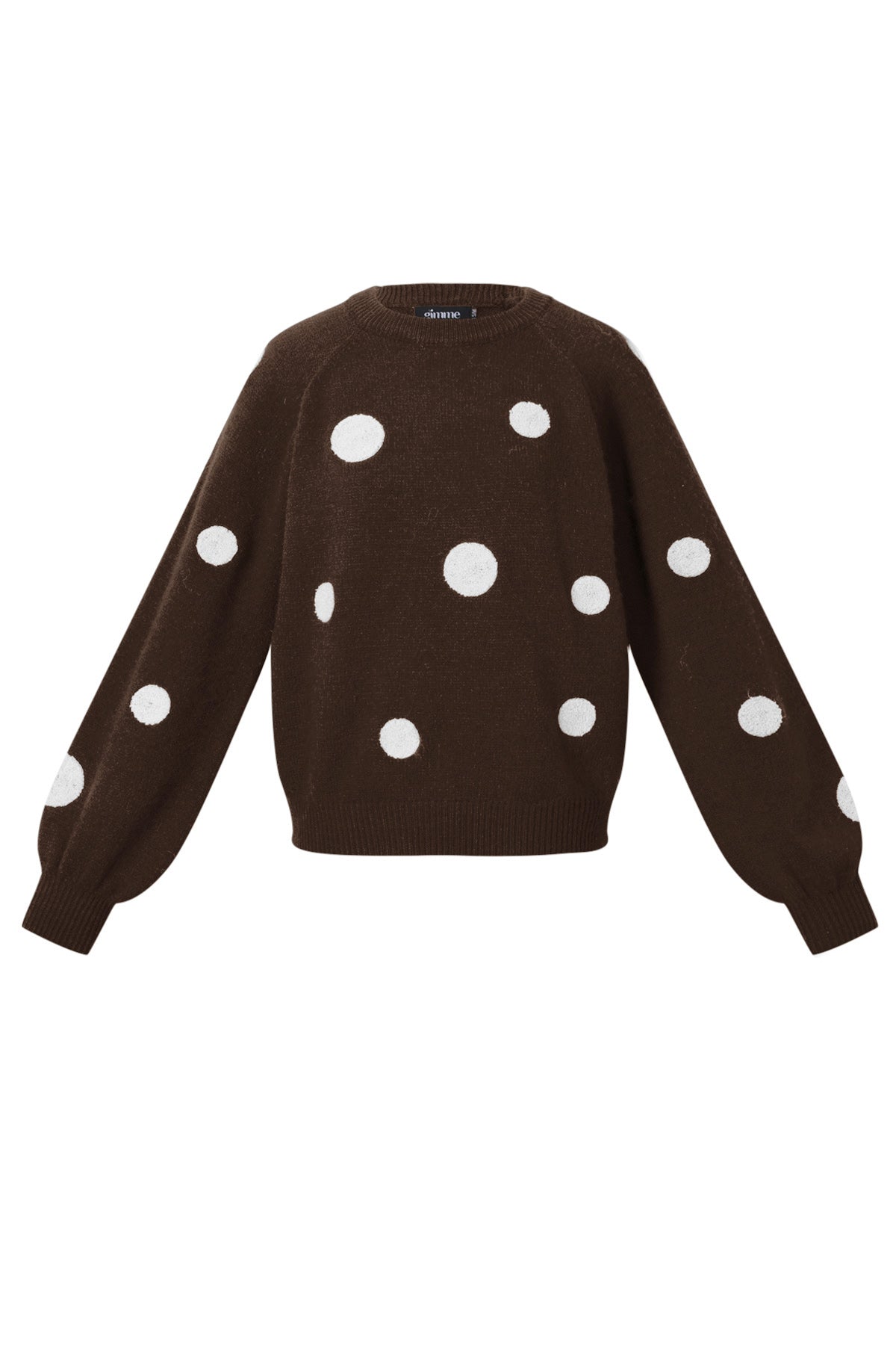 Bruine gebreide pullover met grote witte stippen en ronde hals