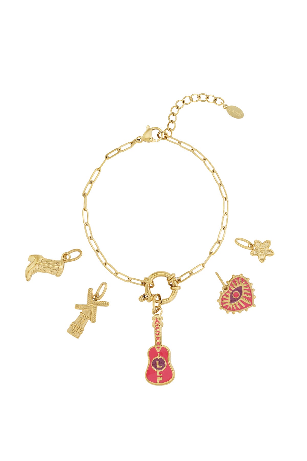 Gouden ovale schakel armband met gitaar hart en bloem charms