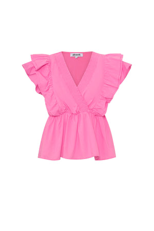Roze geweven top met diepe V-hals en ruffle mouwtjes