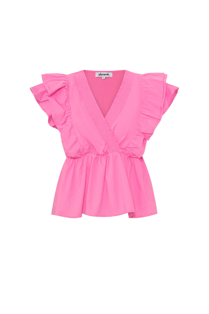 Roze geweven top met diepe V-hals en ruffle mouwtjes