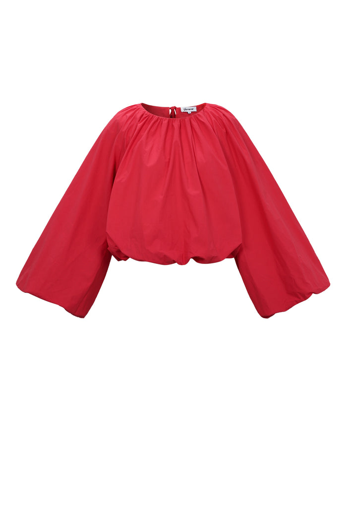 Rode katoenen blouse met extreme ballonmouwen en elastische manchetten