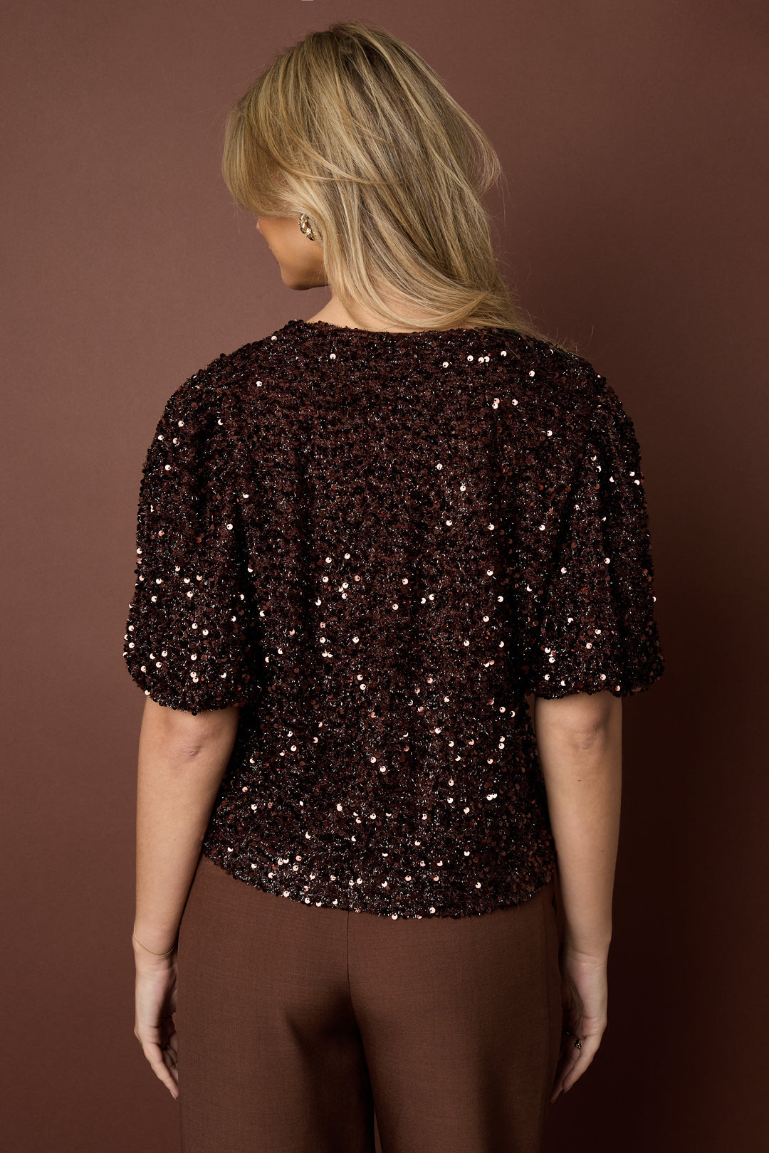 Woven Polyester Fiber Women's Short Sleeve Tops Elegant Sequins