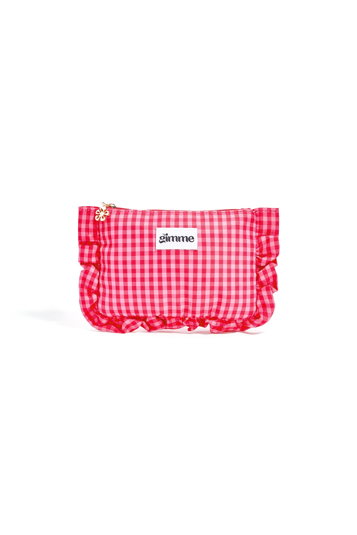 Roze geruite make-up tas met witte ruches en Gimme label