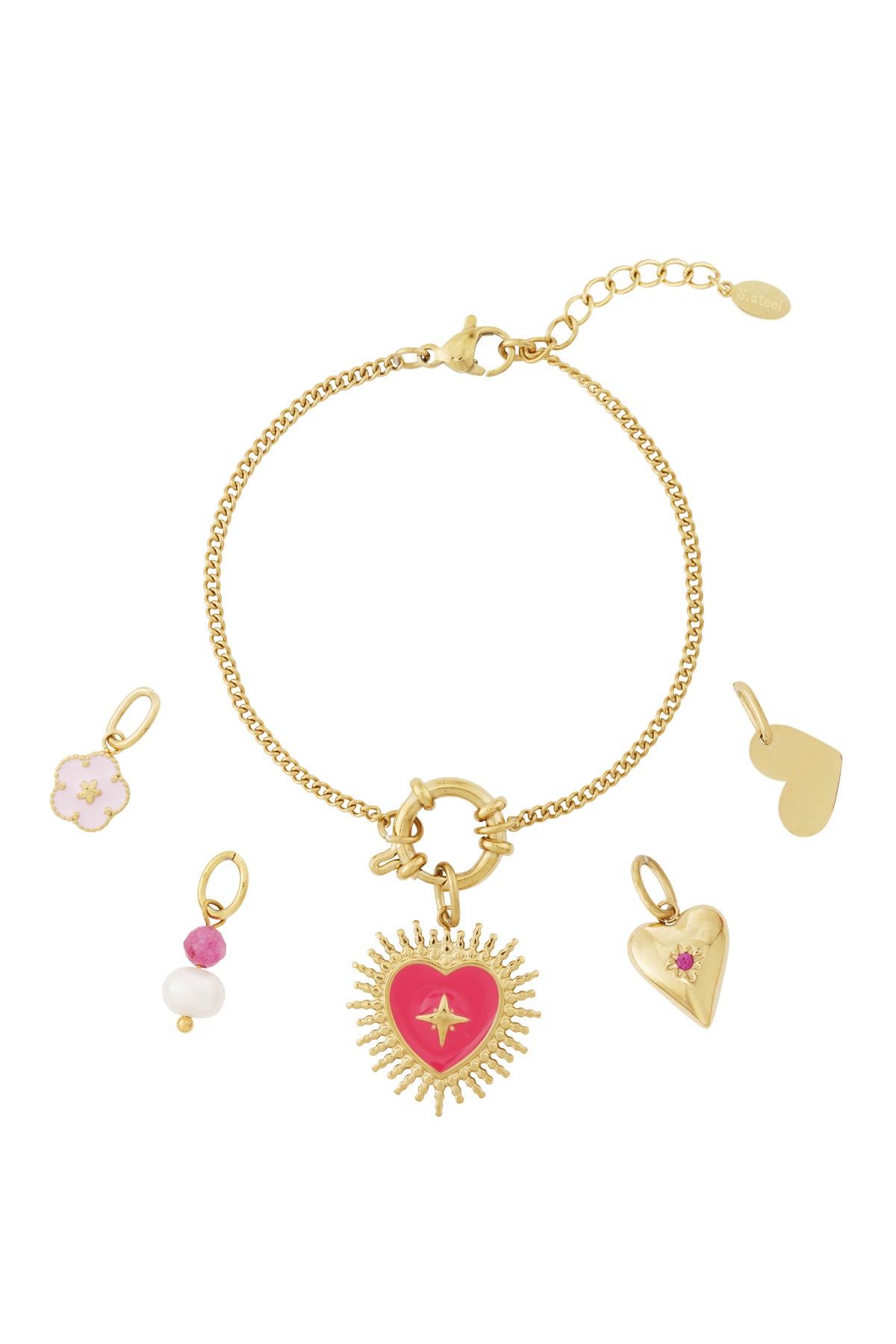 Gouden charm armband met hart bedels, bloem charm en andere losse bedels