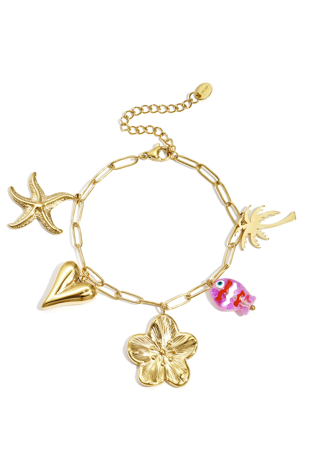 Gouden schakel armband met oceaan charmes waaronder zeester, hart en bloem