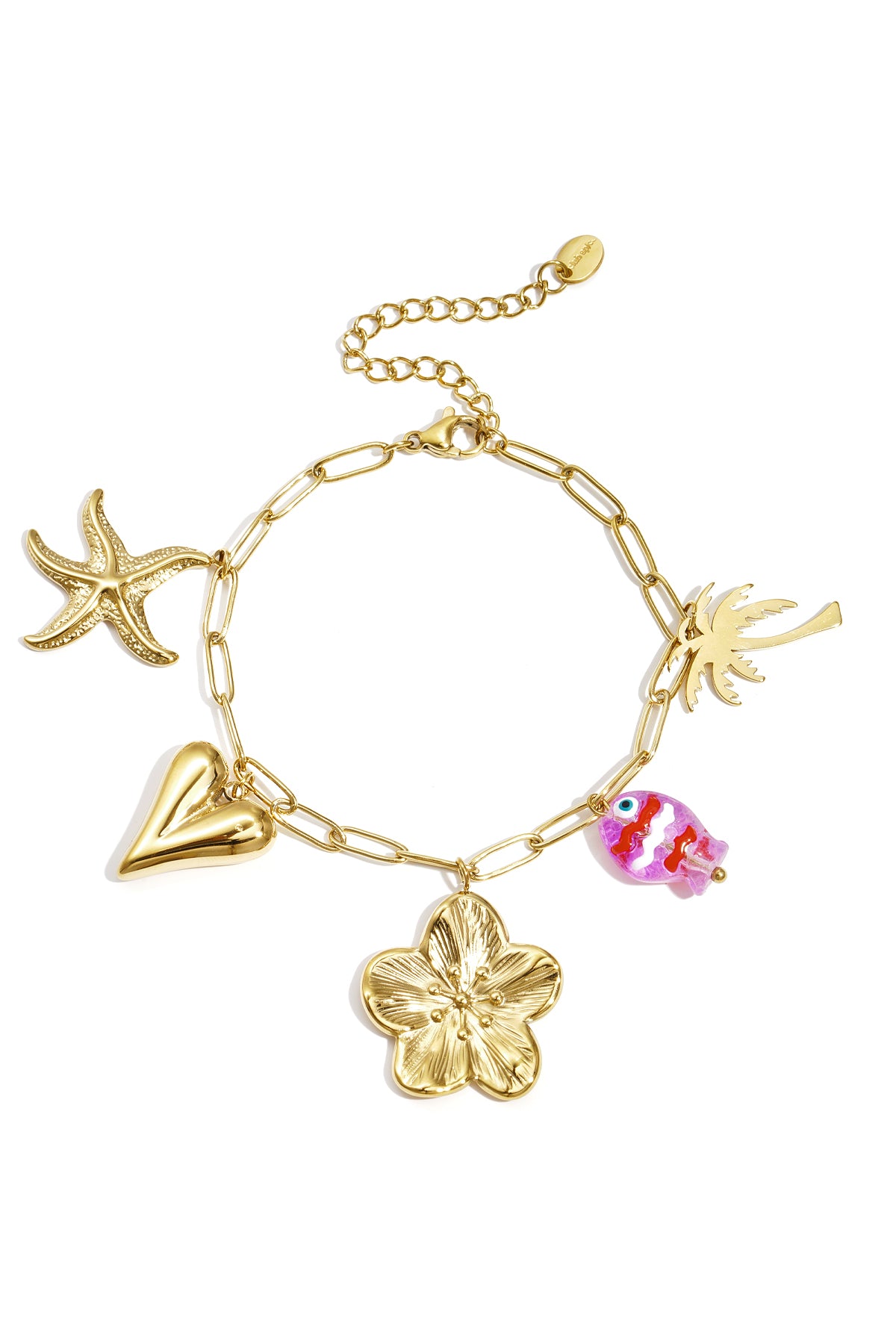 Gouden schakel armband met oceaan charmes waaronder zeester, hart en bloem