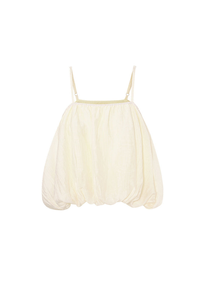 Crème geweven balloon topje met elastische taille en spaghettibandjes