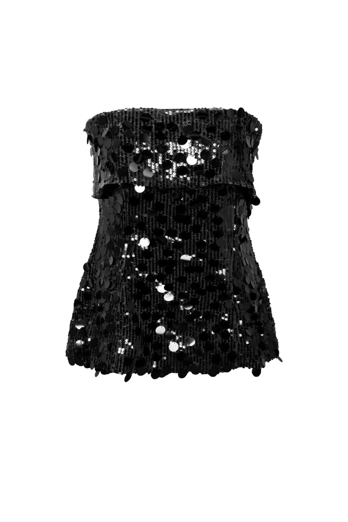 Zwarte strapless bandeau top volledig bedekt met glimmende pailletten