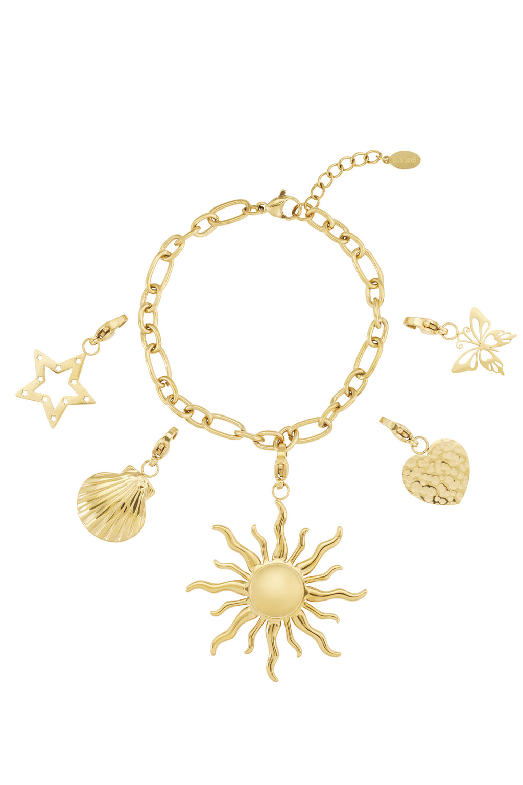 Goudkleurige grove schakel armband met grote zon charm en vier andere hangers