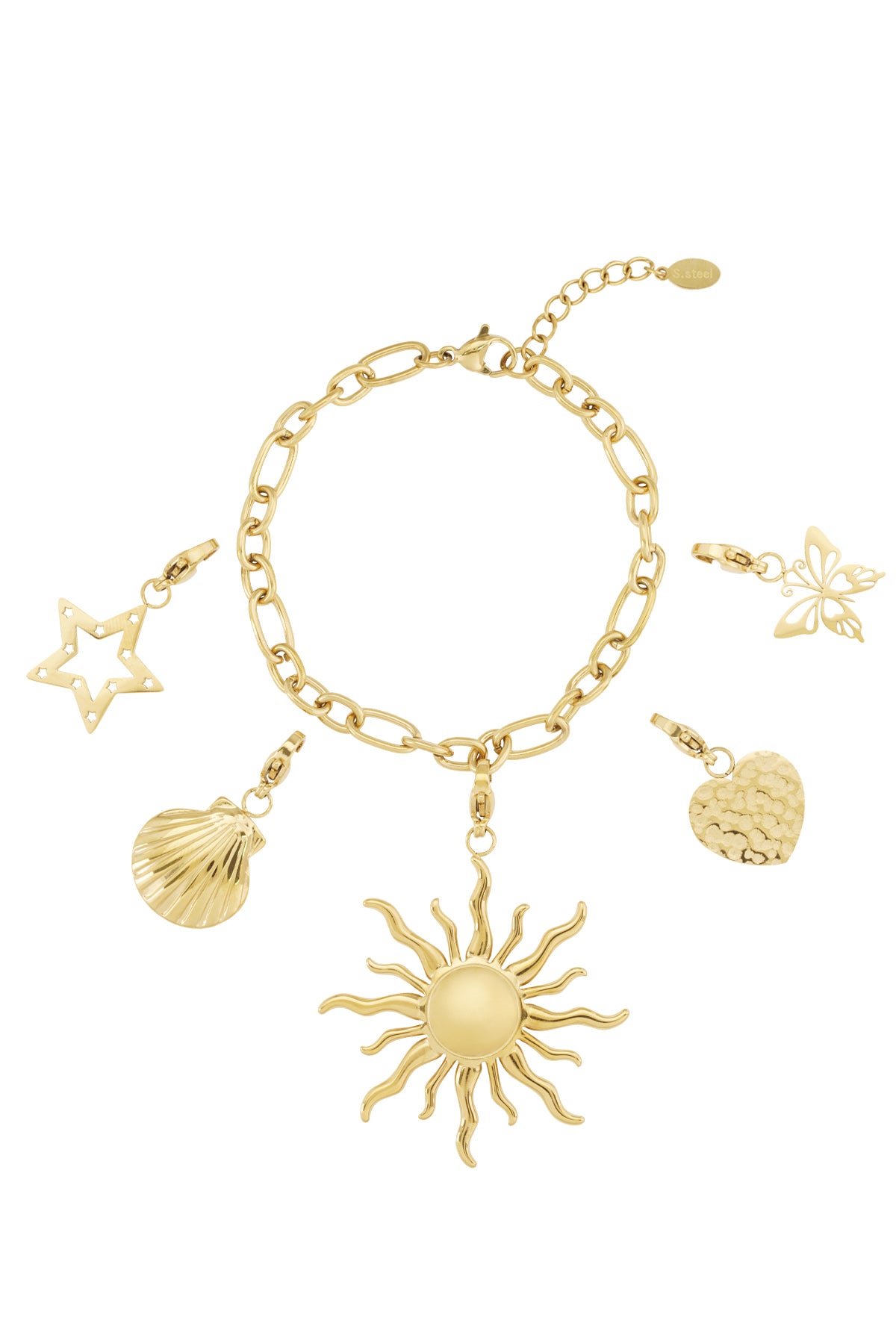 Goudkleurige grove schakel armband met grote zon charm en vier andere hangers