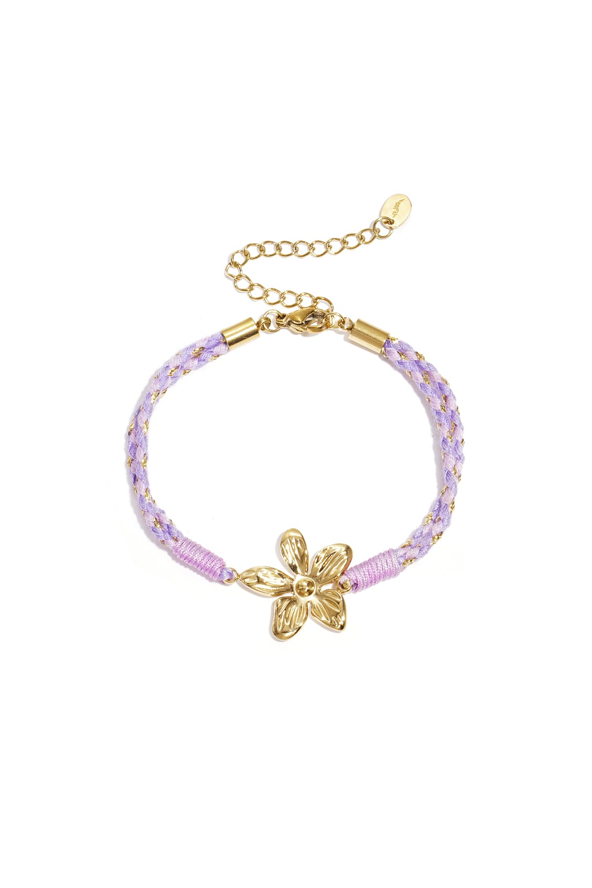 Paarse touw armband met goudkleurige bloem charm en verstelbare sluiting