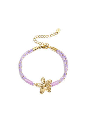 Paarse touw armband met goudkleurige bloem charm en verstelbare sluiting