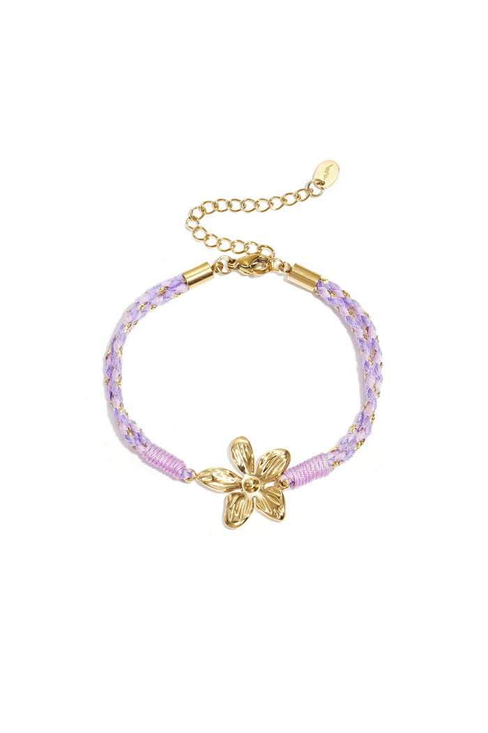 Paarse touw armband met goudkleurige bloem charm en verstelbare sluiting