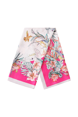 Roze polyester sjaal met tropische bloemen print in fuchsia en groene tinten