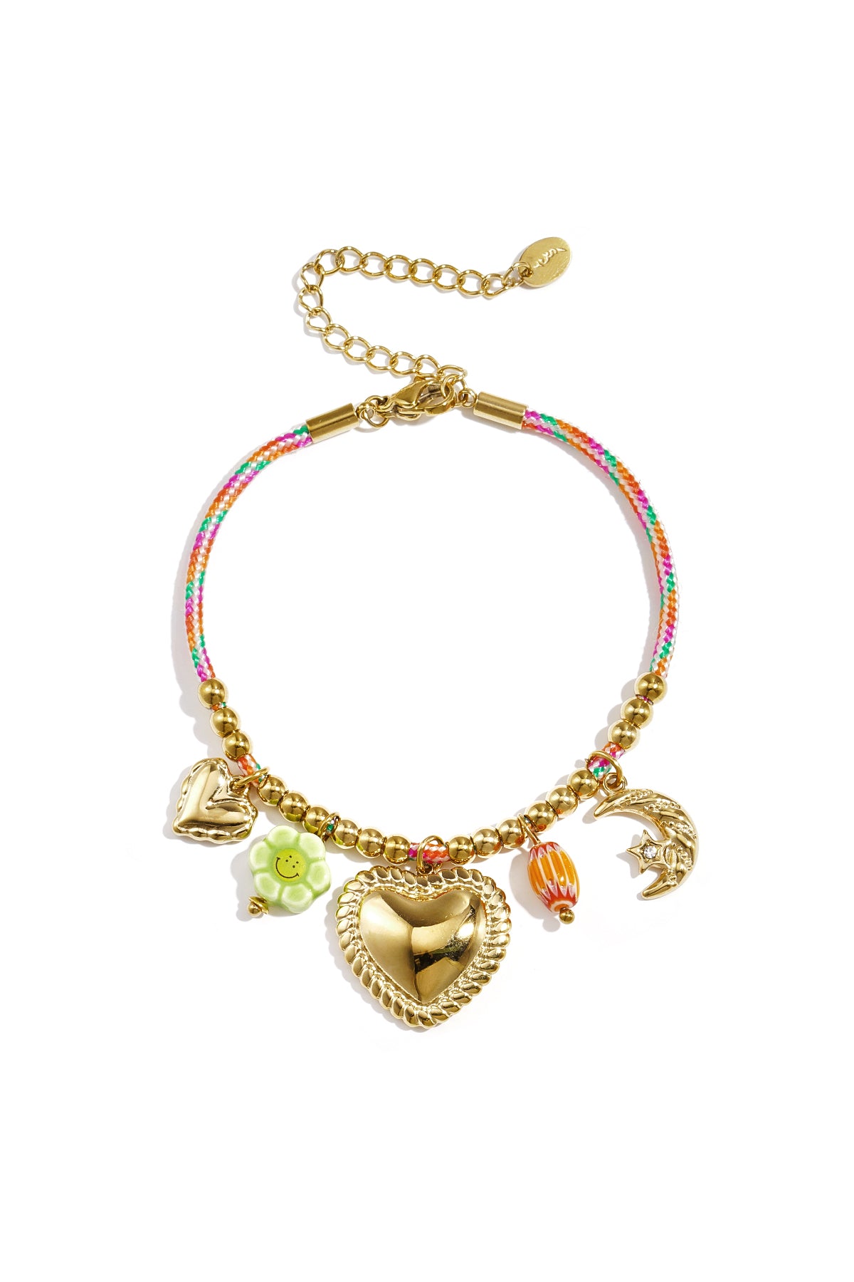 Kleurrijke touw armband met goudkleurige hart charmes en regenboog kraaltjes