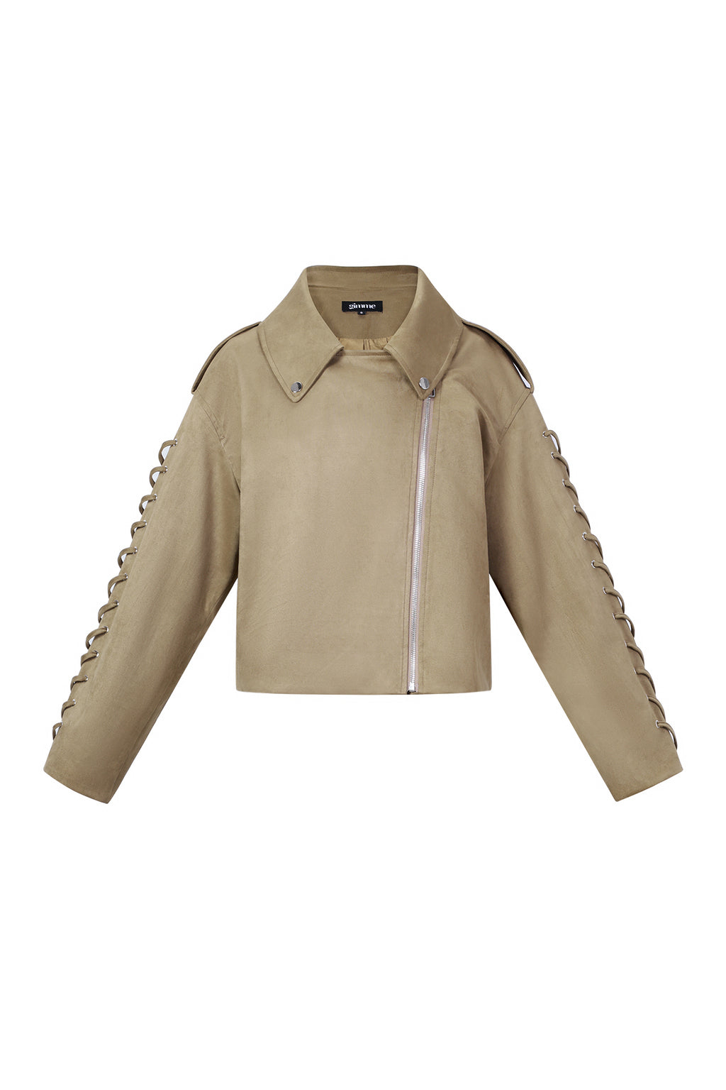Camelkleurig crop jasje van polyester met vetersluiting en asymmetrische rits