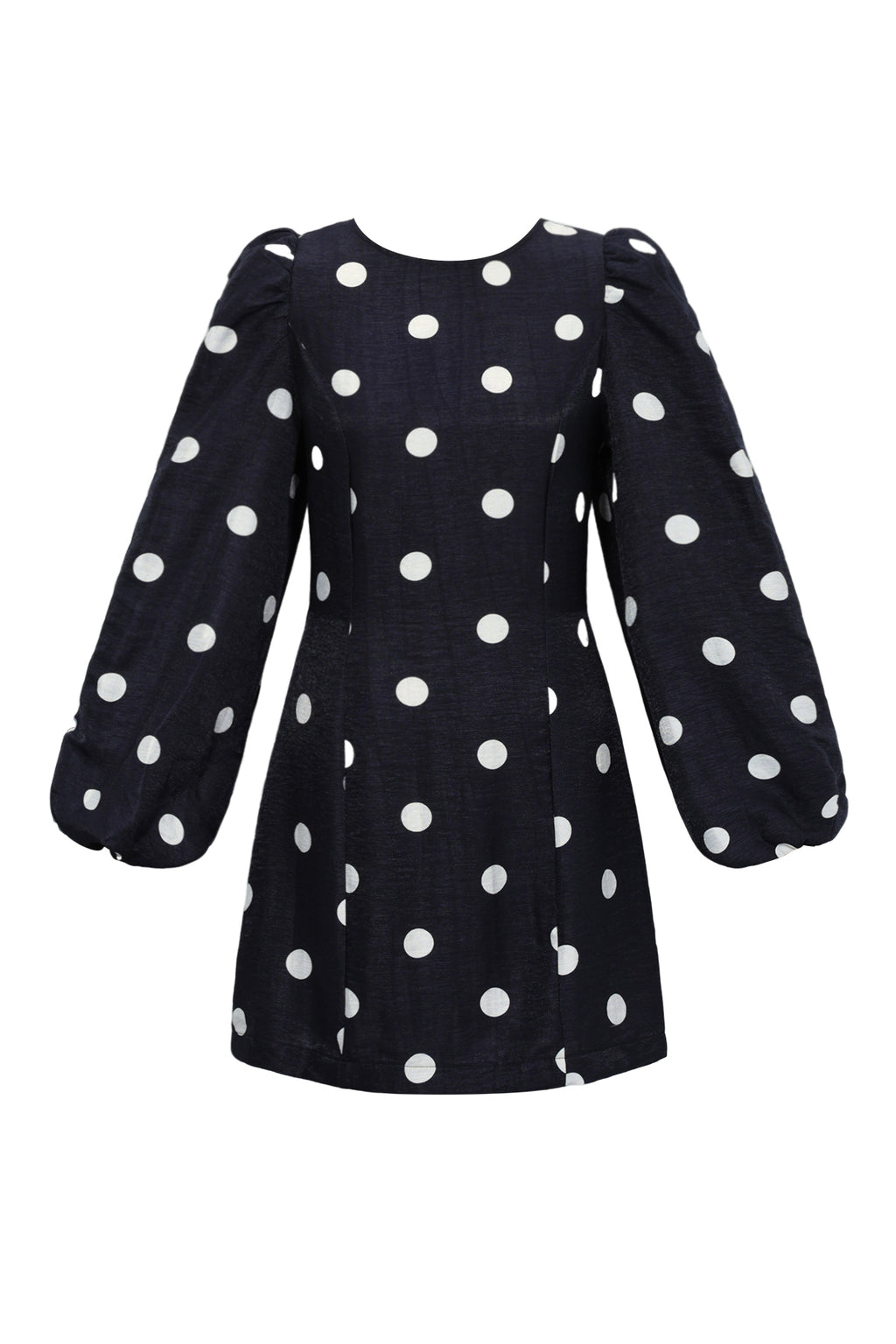 Zwarte mini jurk met witte polka dots en lange pofmouwen