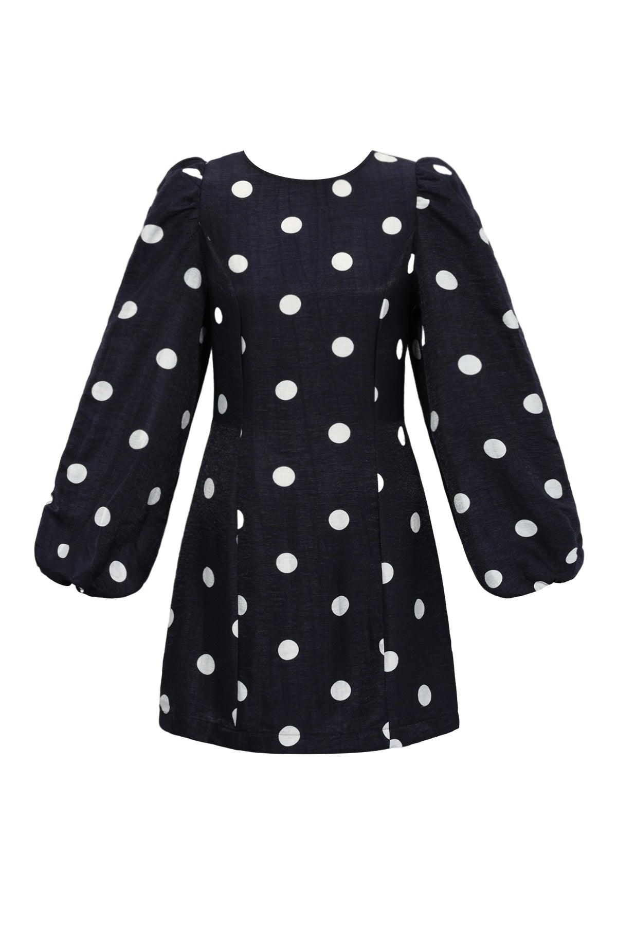 Zwarte mini jurk met witte polka dots en lange pofmouwen