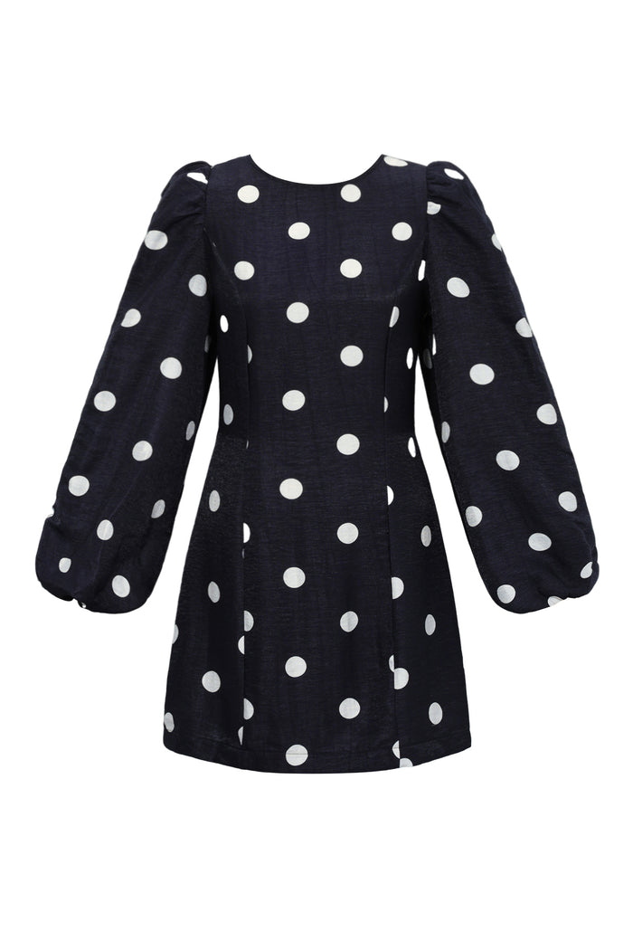 Zwarte mini jurk met witte polka dots en lange pofmouwen