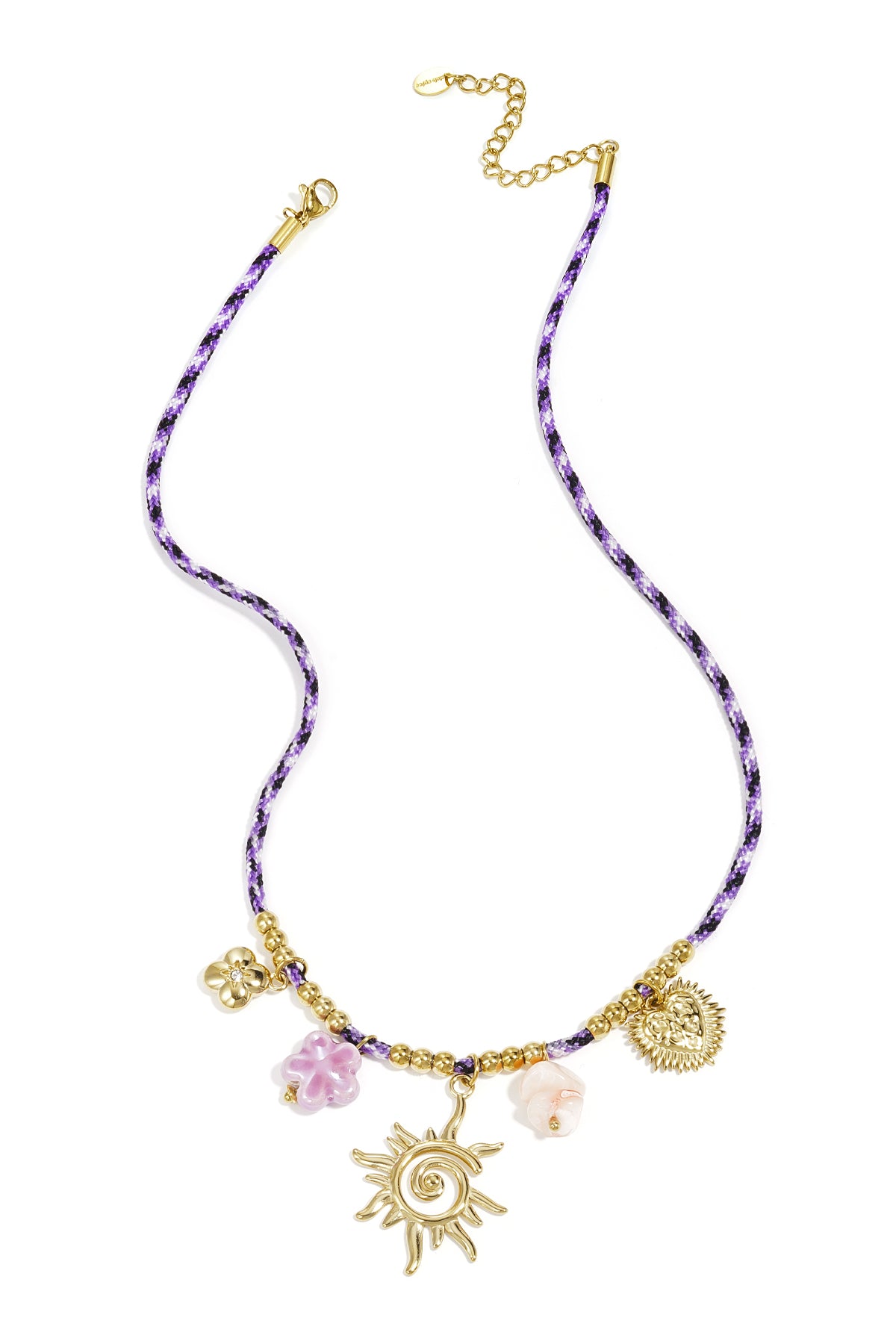 Paarse gevlochten touw ketting met gouden zon charmes en roze kristallen