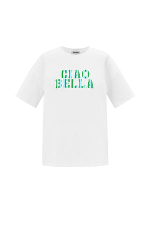 wit katoenen T-shirt met groene Ciao Bella tekstprint