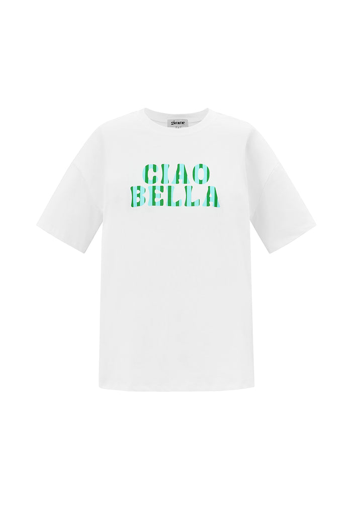 wit katoenen T-shirt met groene Ciao Bella tekstprint