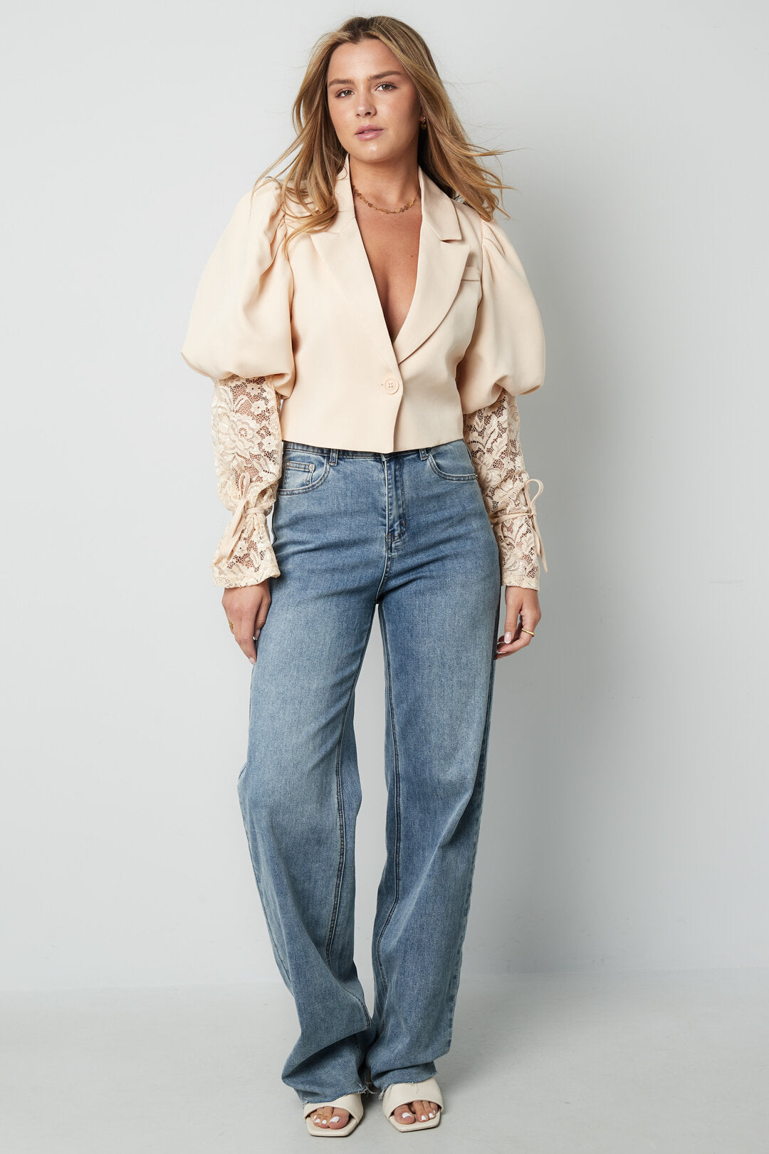 Cotton Blend Women's Blazer Puff Sleeve Lace Insert