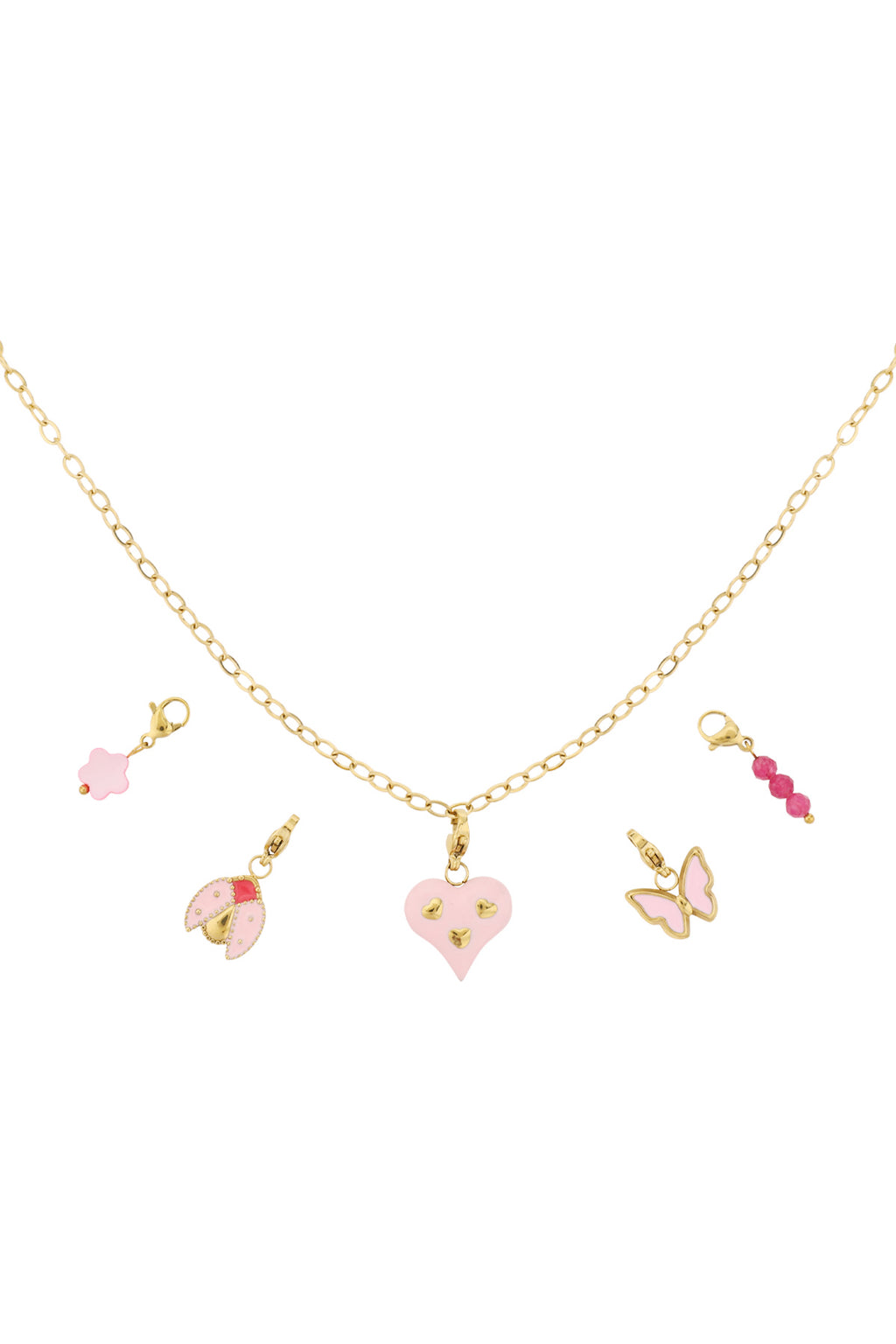 Goudkleurige DIY ketting met roze vlinder, hart en bloem charms van emaille