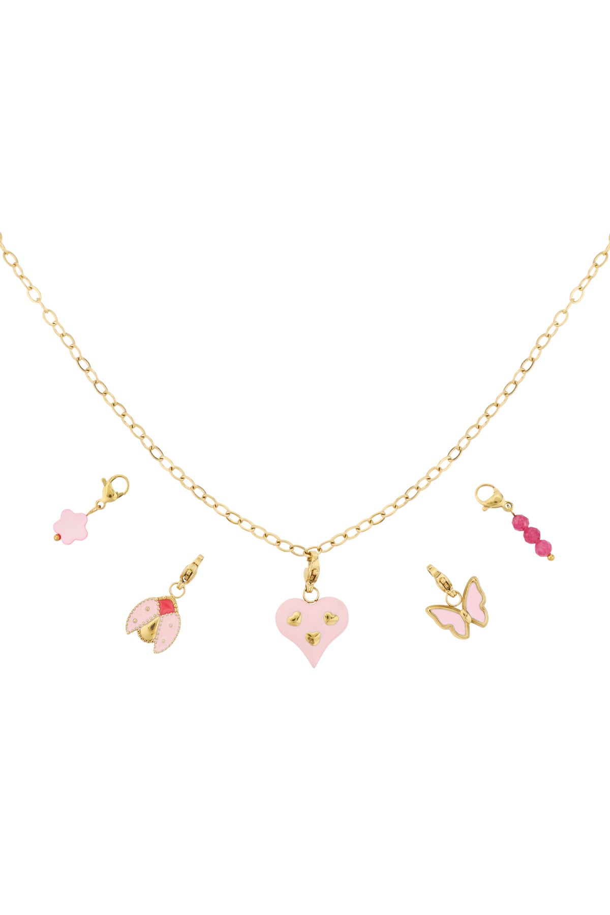Goudkleurige DIY ketting met roze vlinder, hart en bloem charms van emaille