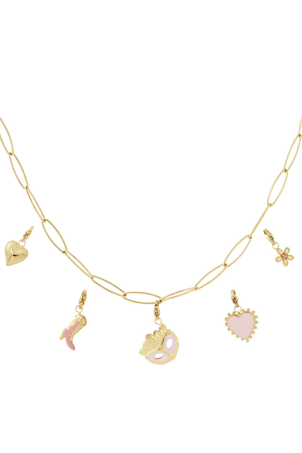 Gouden schakelketting met losse bedels masker bloem en hart van emaille