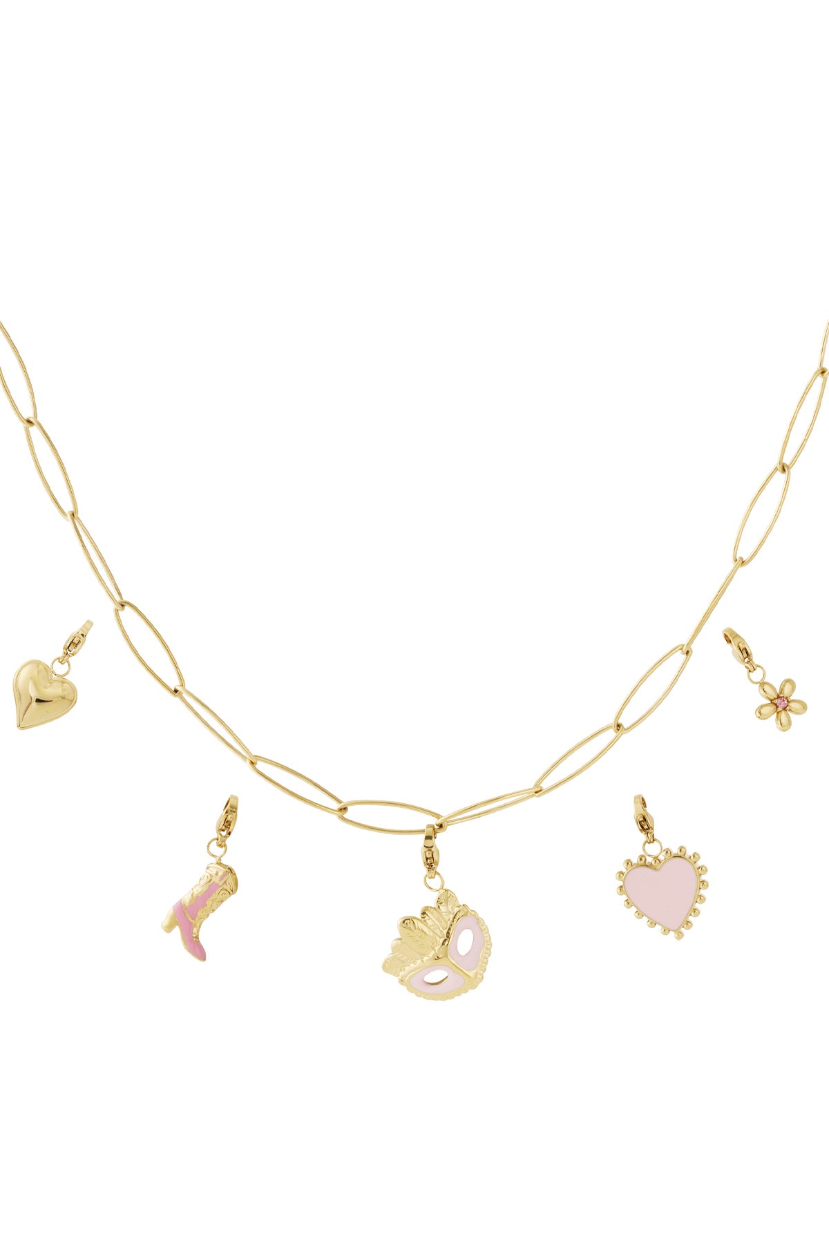 Gouden schakelketting met losse bedels masker bloem en hart van emaille
