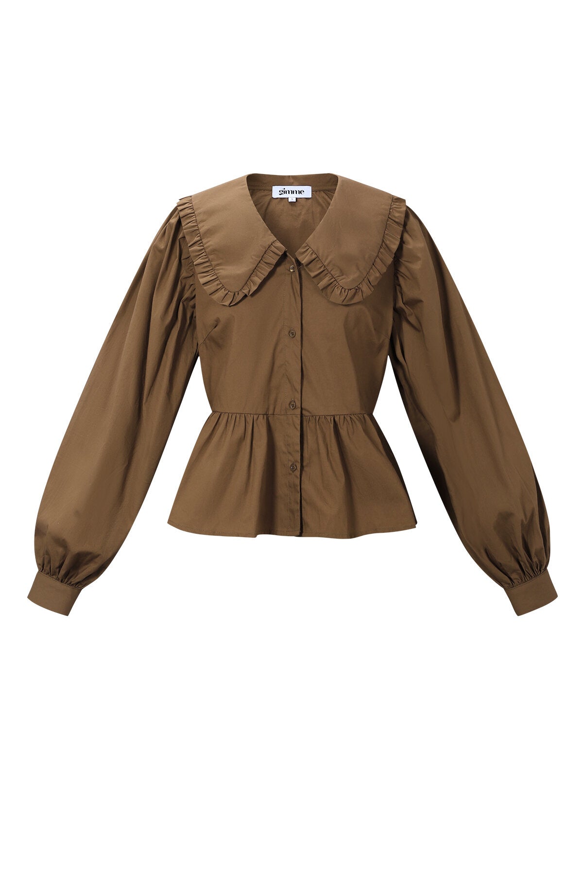 Bruine katoenen blouse met ruffle details op de schouders en ballonmouwen